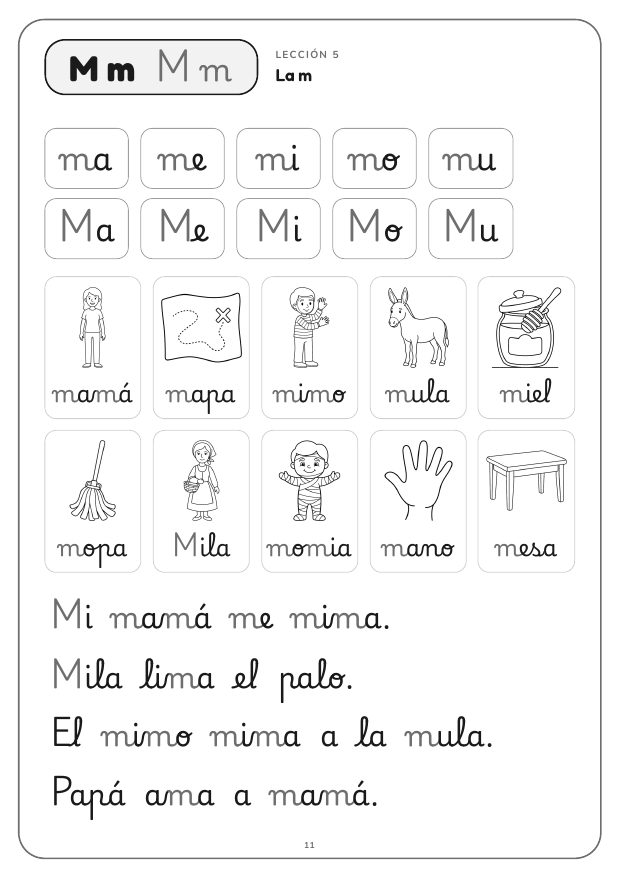 Página de la letra m con dibujos y una historia